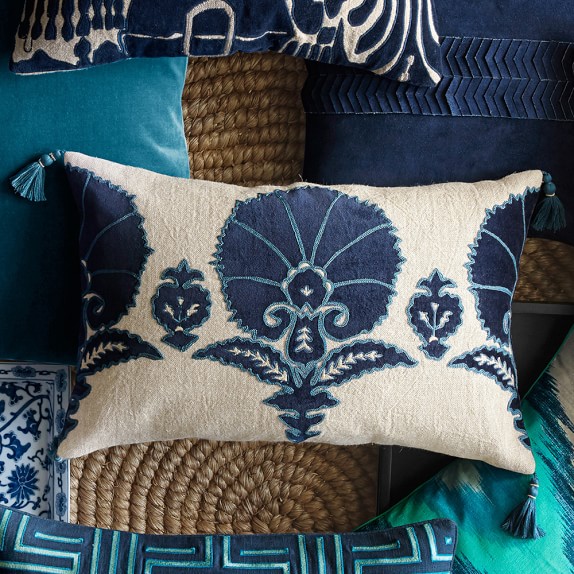 Ottoman Floral Velvet Applique Lumbar Pillow Cover, Blue WilliamsSonoma