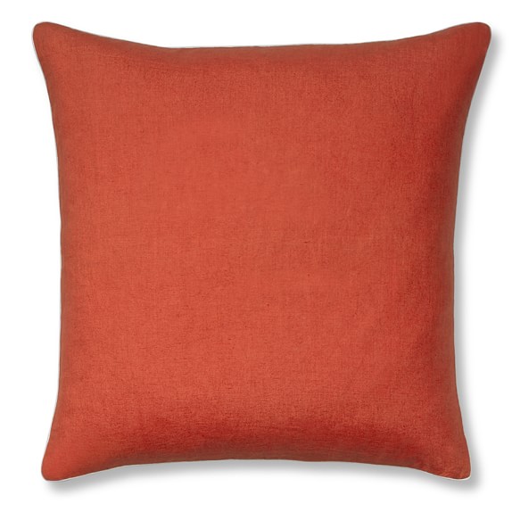 Solid Linen Pillow Cover with White Piping, Coral | Williams Sonoma